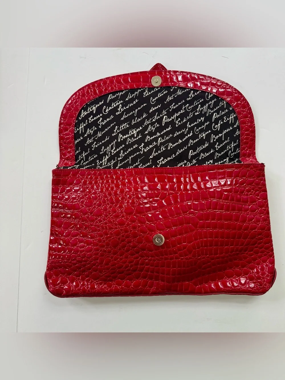 White House Black Market Red Croc-Embossed Clutch with Silver Buckle Accent - Picture 3 of 6
